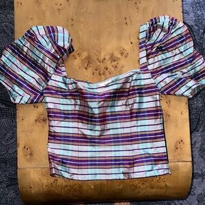 LPA Pink and Blue Puff Sleeve Crop Blouse